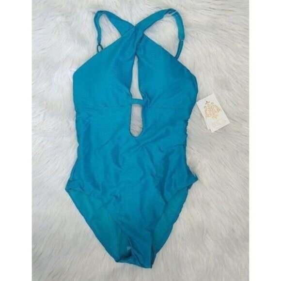 BECCA One-Piece Swimsuit M High Neck Plunge Cut Out Gulf Blue Vibes Tessa - Picture 4 of 8